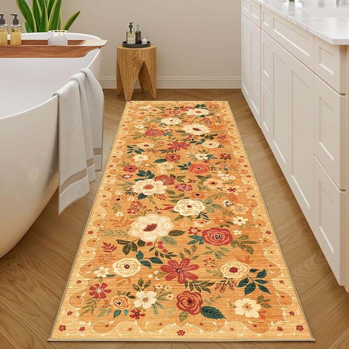 DUKINO 2x6 Runner Rug for Hallway, Washable Kitchen Runner Rug with Non Slip Backing, Low Pile Soft Boho Floral Runner for Kitchen, Hallway, Entryway, Laundry, Bedroom, Orange