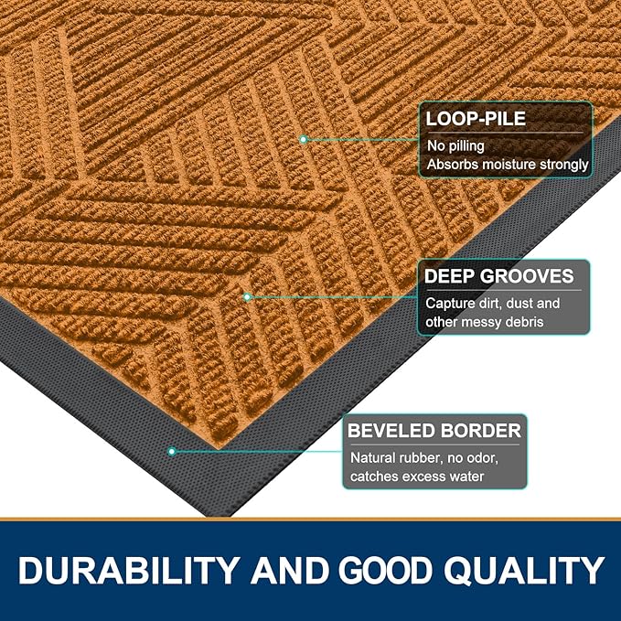 Smiry Front Door Mat Outside Entrance, Heavy Duty Sturdy Natural Rubber Doormat, Trap Dirt and Moisture, Easy Clean Low Profile Welcome Floor Mats for Indoor Outdoor Entry, 35x23 Inch, Amber