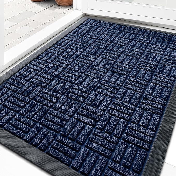 OLANLY Front Door Mat Outside Entrance 29.5x17, Absorbent, Heavy Duty Sturdy Natural Rubber Doormat Indoor Outdoor, Non-Slip, Stain and Fade Resistant, Low Profile Floor Mat for Entryway, Navy Blue