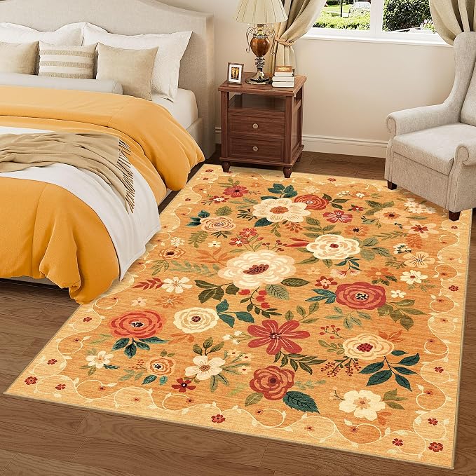 DUKINO 9x12 Area Rug, Floral Rugs for Living Room, Lightweight Non Slip Washable Rug, Indoor Low Pile & Non-Shedding Boho Design Rugs for Bedroom, Living Room, Dining Room, Orange