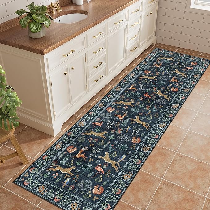 DUKINO 2.6x8 Rug for Hallway, Washable Kitchen Runner Rug with Non Slip Backing, Soft Low Pile Vintage Animal Runner for Bedroom, Kitchen, Hallway, Entryway, Laundry, Navy Blue