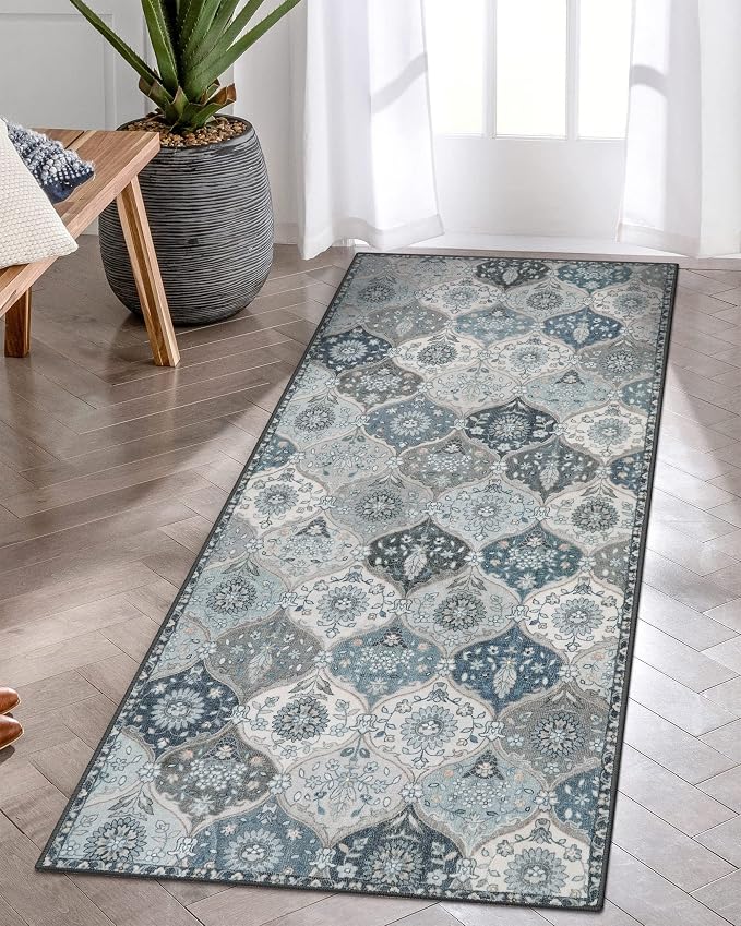 Lahome Moroccan Trellis Kitchen Runner Rug, 2x5 Washable Runners for Hallways Non Slip, Rubber Backing Ultra-Thin Vintage Carpet for Entryway Bedroom Bathroom Elise, Blue