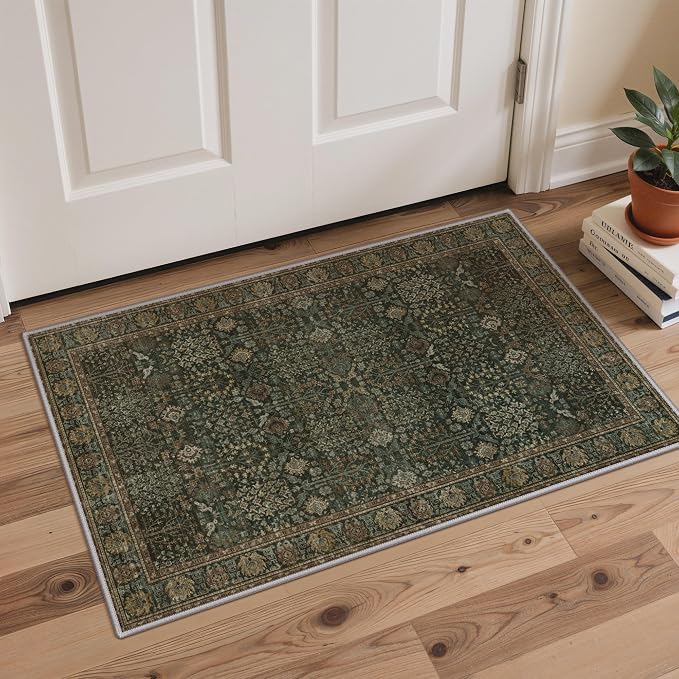 GENIMO Kitchen Rugs Non Slip Washable, 2PCS Kitchen Mats for Floor, Cushioned Standing Mat, Kitchen Runner Rug Floor Mat for Kitchen Decor, Laundry, Sink, Home, 20"x32"+20"x48", Dark Green/Multi
