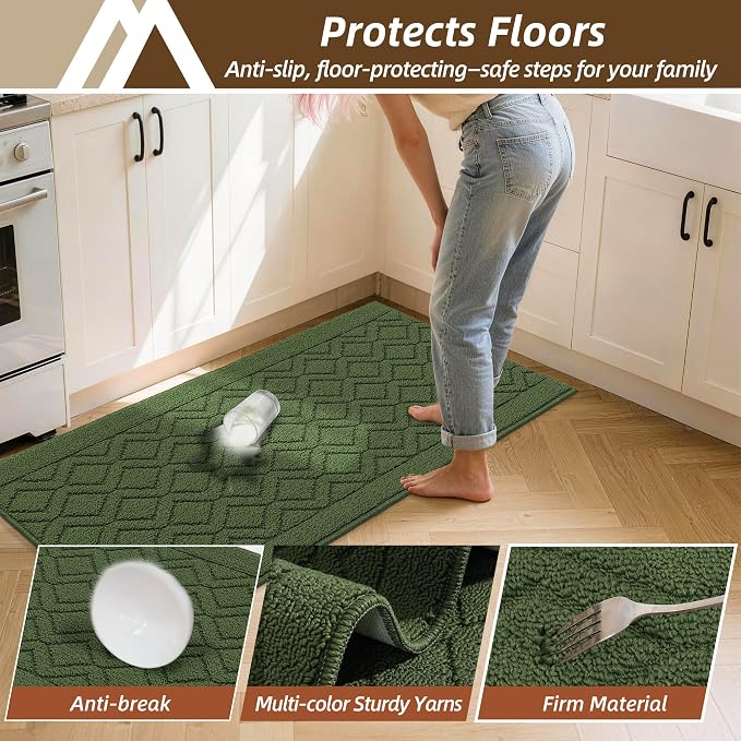 COSY HOMEER Kitchen Rugs 24"x35" Non-Slip Washable Kitchen Mats for Floor Polypropylene Absorbent Kitchen Floor Mat for Kitchen Sink Entryway,Green