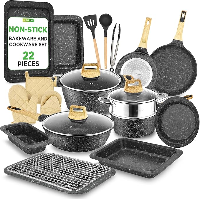 NutriChef 22-Piece Nonstick Ceramic Cookware Set – Pots and Pans Set with Bakeware, Utensils & Oven Mitts, Induction Compatible, PTFE & PFAS Free, Tempered Glass Lids, Cool-Touch Handles -Black