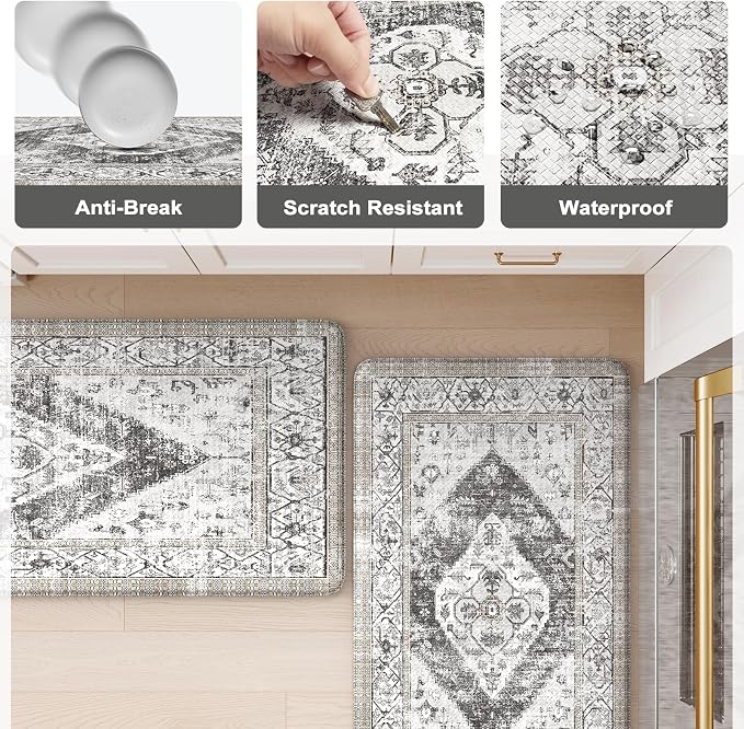KIMODE Anti Fatigue Kitchen Mats, Boho Vintage Kitchen Rugs Sets of 2, Non Slip Waterproof Kitchen Floor Mats, Ergonomic Cushioned Standing Mats for Sink, Laundry, Desk Grey 20"x47"+20"x32"