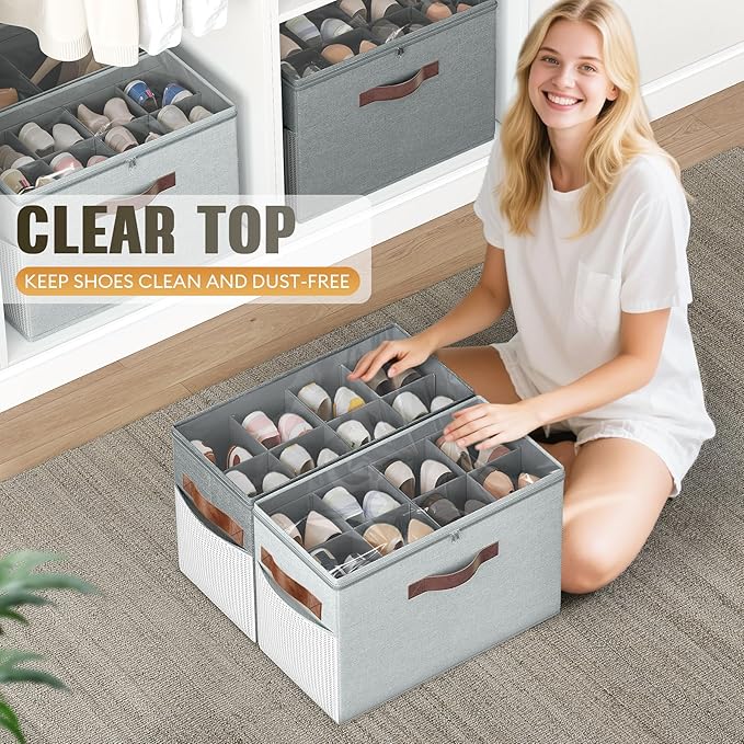 Budding Joy 2 Pack Shoe Organizer for Closet, Clear Foldable Shoe Storage Containers Adjustable Dividers Fits 16 Pairs,Shoe Storage Bins Baskets Boxes with Reinforced Handles Light Grey Greenish Grey