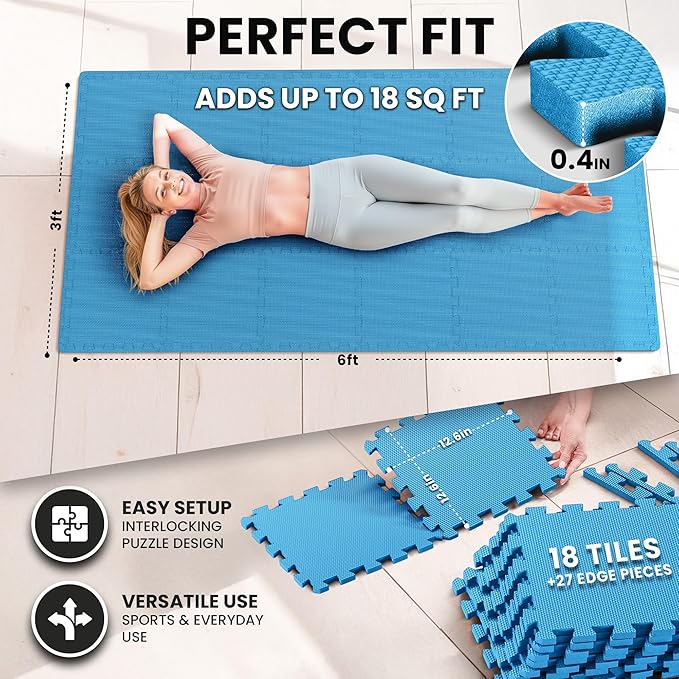 bemaxx Gym Mats Set - 18 pcs EVA Interlocking Foam Floor Tiles (12.6"x12.6"x0.4") 18sqft Protective Gym Flooring Sports Home Workout Exercise Mats Puzzle Garage Fitness Play-Room Pool Treadmill Bike