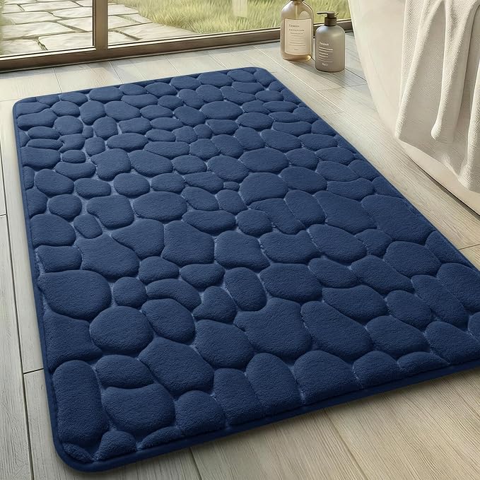 YIHOUSE Memory Foam Bath Mat Cobblestone Bathroom Rugs Super Water Absorbent Bath Mats for Bathroom Machine Washable Bath Rugs(20x32,Dark Blue)