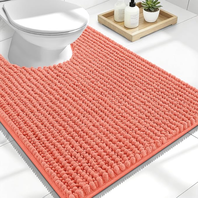 OLANLY Thick Toilet Rugs U-Shaped 24x20, Extra Soft Absorbent Shaggy Chenille Contour Bathroom Rugs for Toilet, Dry Quickly, Machine Washable, Non-Slip Bath Mat, Coral