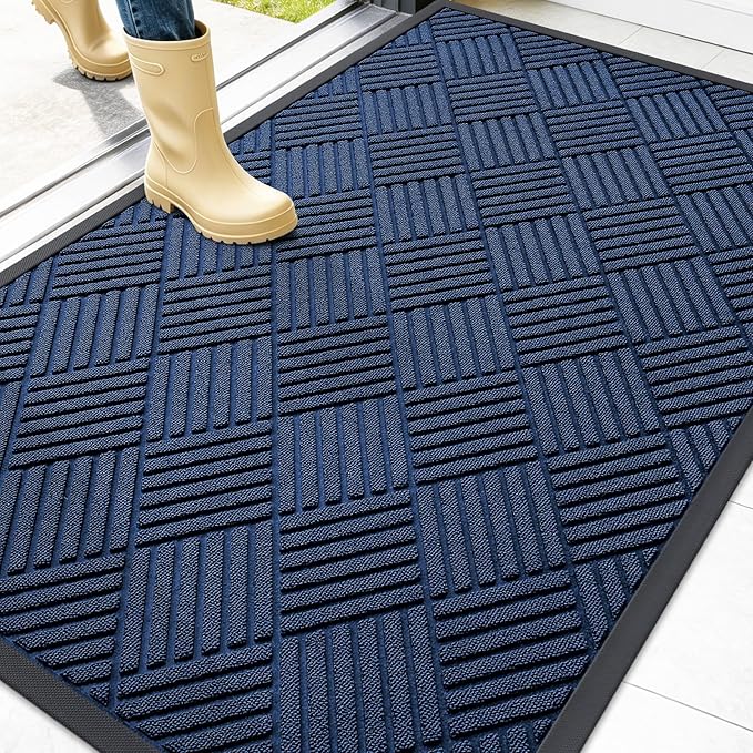 OLANLY Front Door Mat Outside Entrance 47x32, Absorbent, Heavy Duty Sturdy Natural Rubber Doormat Indoor Outdoor, Stain Fade Resistant, Non-Slip Low Profile Floor Mat for Entryway, Navy Blue Diamond