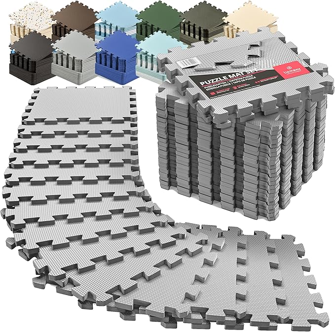 bemaxx Gym Mats Set - 18 pcs EVA Interlocking Foam Floor Tiles (12.6"x12.6"x0.4") 18sqft Protective Gym Flooring Sports Home Workout Exercise Mats Puzzle Garage Fitness Play-Room Pool Treadmill Bike
