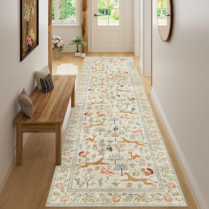 DUKINO Washable 2.6x10 Runner Rug, Non Slip Animal Print Runner Rug for Hallway, Vintage Low Pile & Stain Resistant Soft Indoor Carpet Runner for Kitchen, Bathroom, Laundry, Bedroom, Beige