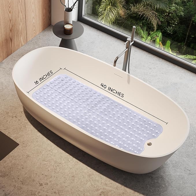 LUX Décor Non-Slip Bathtub Mat, Extra Large 40x16 Inches – Anti-Slip Safety Shower Mat with Suction Cups & Drain Holes – Machine Washable Bath Mat – Clear