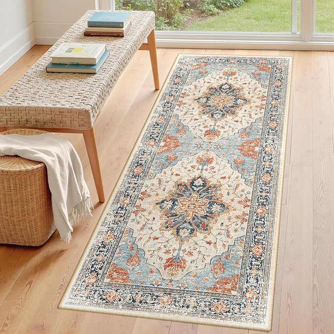 RELEANY Area Rugs Runner 3'x7' Washable Non-Slip, Floral Vintage Distress Medallion Carpet for Kitchen Hallway Bedroom Beside Laundry Room Bathroom, Beige Navy Blue Orange Colorful