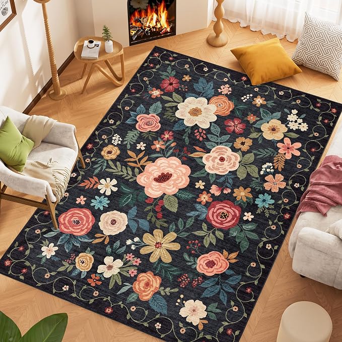 DUKINO 6x9 Area Rug, Floral Rugs for Living Room, Lightweight Non Slip Washable Indoor Low Pile & Non-Shedding Boho Design Carpet for Bedroom, Living Room, Dining Room, Black