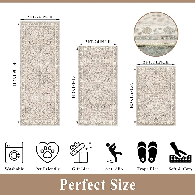 3-Piece Kitchen Rug Set of 3 with Runner – Non-Slip Washable Boho Kitchen Mats for Sink, Floor, Entryway & Hallway & Bathroom – Soft Small Throw Area Rugs, Home Decor (Beige,2x3+2x4+2x5)