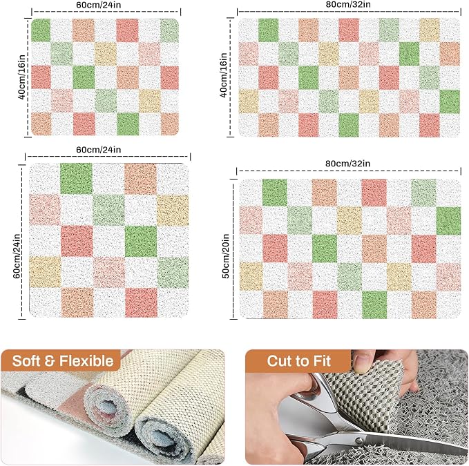 Non Slip Loofah Shower Mat 32"x16", Quick Drying Mats with Drain Hole, Soft Trimmable PVC Loofah Massage Bathmat for Shower, Kitchen, Hotel, Tub, Floor, Home, Multicoloured Checkered