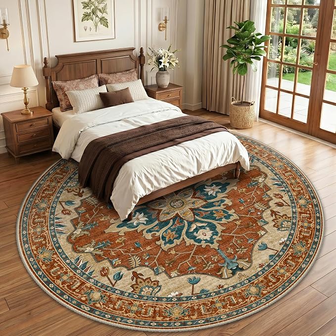 RELEANY Area Rugs Round 10ft Washable Non-Slip, Floral Vintage Distress Medallion Carpet for Living Room Bedroom Dining Room, Red Orange Blue Brown