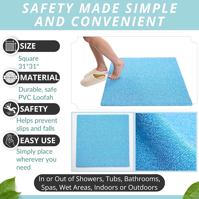 Square Shower Mat - Non Slip Shower Mats for Inside Shower - Extra Large 31x31 Shower Floor Mat Non Slip - Square Bath Mat for Shower - Secure Anti Slip Loofah Shower Bath Ma (31x31 Aqua Blue)