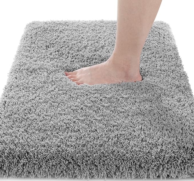 Yimobra Fluffy Plush Bath Rug, Super Shaggy Soft Comfortable Non Slip, Water Absorbent Microfiber Bath Mat, Dries Quickly, Machine Washable Thick Bathroom Rugs for Shower, 44" X 24", Pure Gray