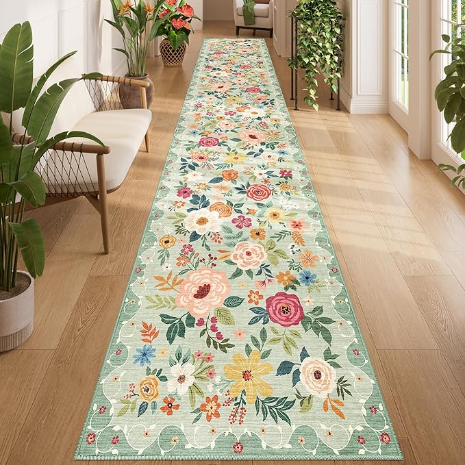 DUKINO 2x14 Runner Rug, Floral Long Washable Boho Kitchen Runner Rug with Non Slip Backing, Soft Non Shedding & Low Pile Carpet for Bedroom, Entrance, Laundry, Bathroom, Green