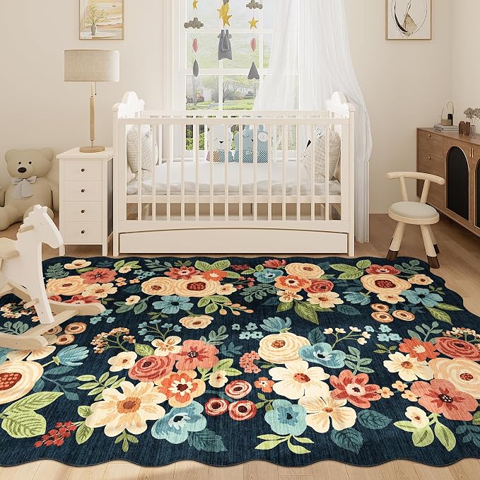 DUKINO 6x9 Area Rug, Floral Washable Rugs for Living Room with Non Slip Backing & Non-Shedding, Lightwight Low Pile Boho Design Large Carpets for Bedroom, Living Room, Dining Room, Navy Blue