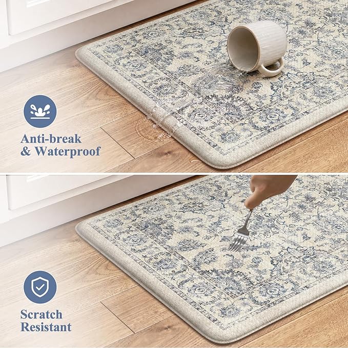 KIMODE Kitchen Anti Fatigue Mat,Ergonomic Standing Kitchen Rugs Sets of 2,Boho Kitchen Rug Stain Resistant,Non Slip Waterproof Kitchen Sink Rug,Blue 20"x47"+20"x32"