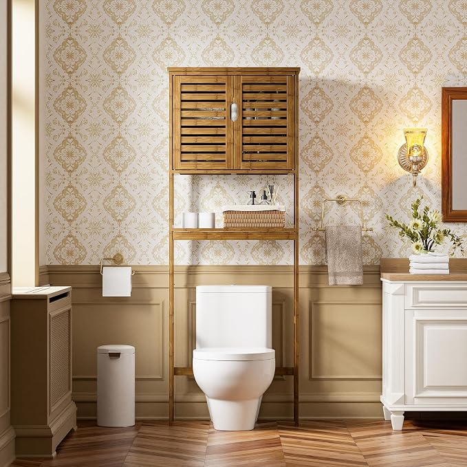 SMIBUY Bathroom Storage Shelf with Cabinet, Bamboo Over-The-Toilet Organizer Rack, Freestanding Toilet Space Saver with 3-Tier Adjustable Shelves (Walnut)