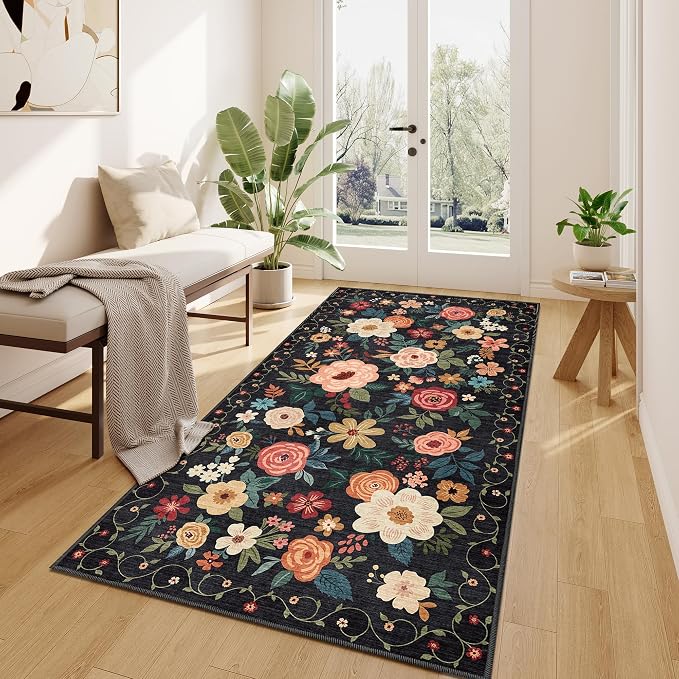 DUKINO 3x6 Runner Rug, Washable Soft Floral Hallway Runner Rug with Non Slip, Low Pile Thin Floor Carpet for Kitchen, Bathroom, Entryway, Laundry, Entryway, Black