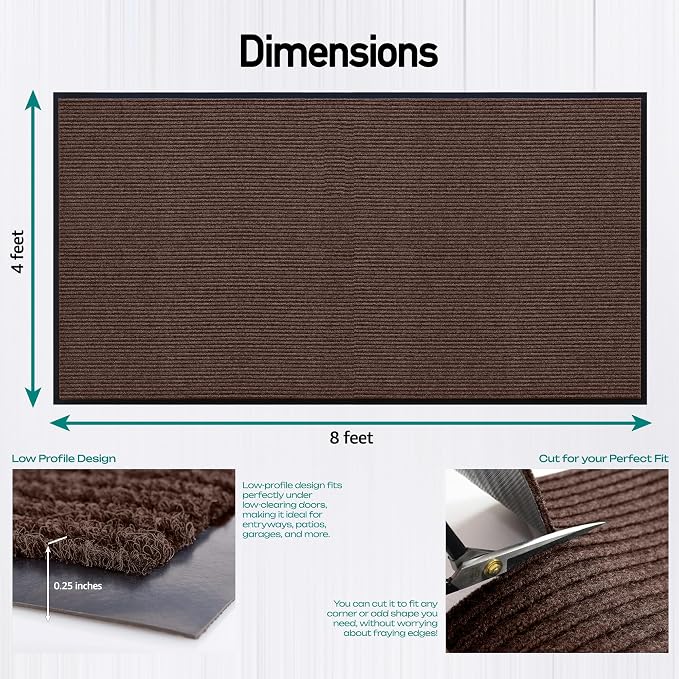 MaxMat® Heavy Duty Rubber Door Mat - Large Commercial, Waterproof, Low-Profile, Easy to Clean Floor Mat (4 x 8 Feet, Brown, MXM-RIB0048BR)