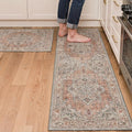 GENIMO Kitchen Rug Sets of 2, Non-Slip Washable Low-Pile Kitchen Mats for Floor, Waterproof Kitchen Runner Rug, for Hallway, Laundry, Sink, Entryway, Bathroom, 20"x32"+20"x48", Taupe Red