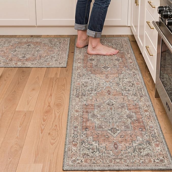 GENIMO Kitchen Rug Sets of 2, Non-Slip Washable Low-Pile Kitchen Mats for Floor, Waterproof Kitchen Runner Rug, for Hallway, Laundry, Sink, Entryway, Bathroom, 20"x32"+20"x48", Taupe Red