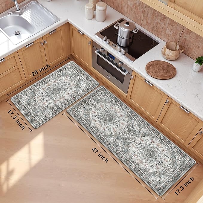 Boho Kitchen Mats for Floor 2 Piece Set Anti Fatigue Cushioned PVC Kitchen Rugs Non Slip Waterproof Farmhouse Mats 2/5 Inch Comfort Standing Mat for Sink, Laundry, 17.3"x47"+17.3"x28", Beige Grey