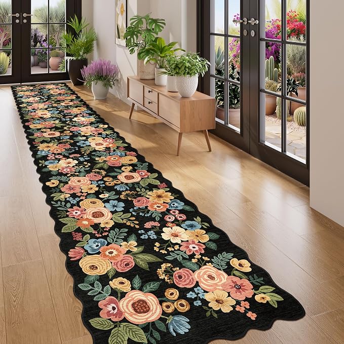 DUKINO 2.6x14 Runner Rug for Hallway, Non Slip Floral Washable Kitchen Rug with Low Pile Design, Boho Stain Resistant Floor Carpet Runner for Entryway, Bathroom, Laundry, Bedroom, Black