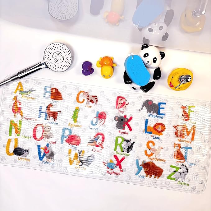 BEEHOMEE Bath Mats for Tub Kids,Baby Toddler - Large Cartoon Non-Slip Bathroom Bathtub Anti-Slip Shower Mats for Floor 35x15,Machine Washable XL Size Bathroom Mats (Alphabet)