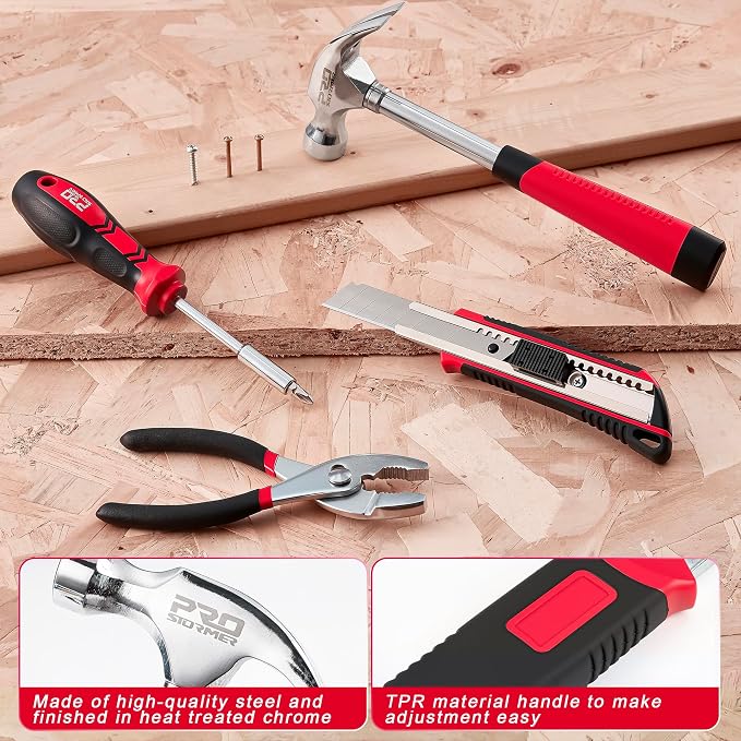 Prostormer 93-Piece Tool Kit, Basic Household Repair Tool Set with Toolbox Storage Case, Small Starter Tool Box Kit for Homeowners and College Students (Red)