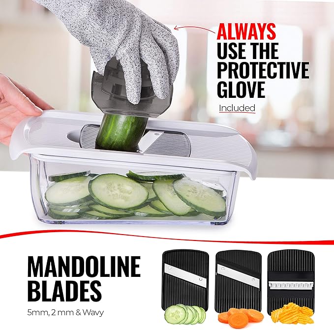 Fullstar Mandoline Slicer for Kitchen, Fruit Cutter, Cheese Grater, Cucumber Slicer, Veggie Spiralizer, Food Cutter & Kitchen Gadgets & Gifts with Safety Glove (11 in 1, White)