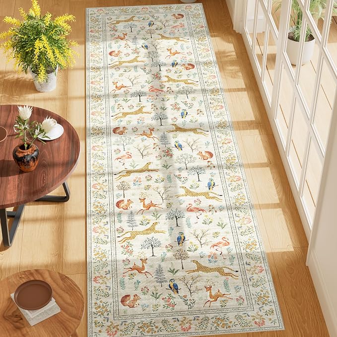 DUKINO Runner Rug, 2x7 Washable Kitchen Rugs for Hallways with Non Slip Backing, Soft Low Pile Vintage Animal Runner for Kitchen, Hallway, Entryway, Laundry, Bedroom, Beige