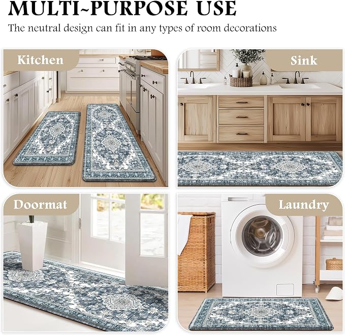 Boho Kitchen Mats for Floor 2 Piece Set Anti Fatigue Cushioned PVC Kitchen Rugs Non Slip Waterproof Farmhouse Mats 2/5 Inch Comfort Standing Mat for Sink, Laundry, 17.3"x59"+17.3"x28", Dark Blue