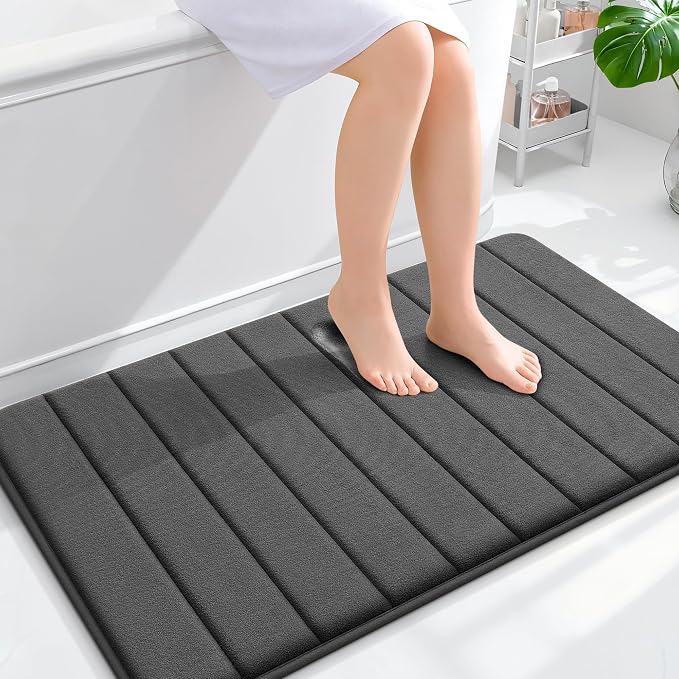 OLANLY Memory Foam Bath Mat 40x24, Super Soft Absorbent Bathroom Rugs, Quick Dry, Machine Washable Shower Floor Rugs, Bathmat Carpet, Bathroom Home Decor Accessories, Black