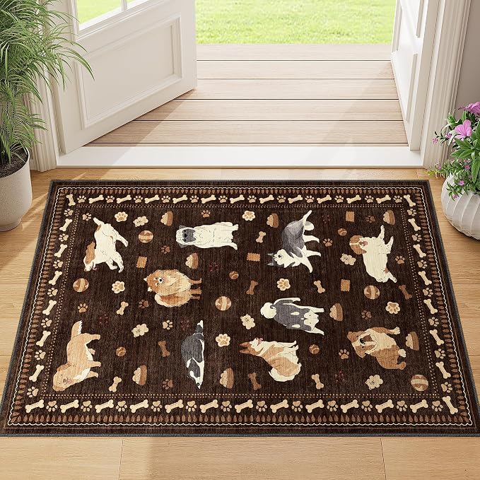 DUKINO 2x3 Entryway Rug, Washable Small Door Mat Indoor Entance Lightweight Area Rug with Non Slip, Low Pile & Non Shedding Animal Dog Throw Carpet for Kitchen, Bathroom, Bedroom, Kids Room, Brown