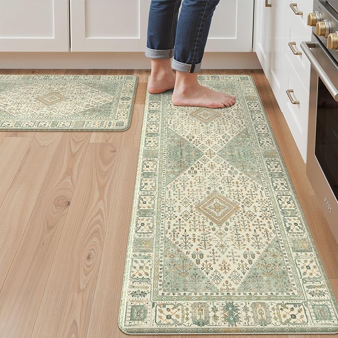 GENIMO Kitchen Mats for Floor 2PCs, Washable Anti Fatigue Mat for Cushioned, 17.3"x47"+17.3"x30", Waterproof Kitchen Rugs, Non Slip Comfort Standing Mat Rug for Home, Sink, Laundry, Vintage Green