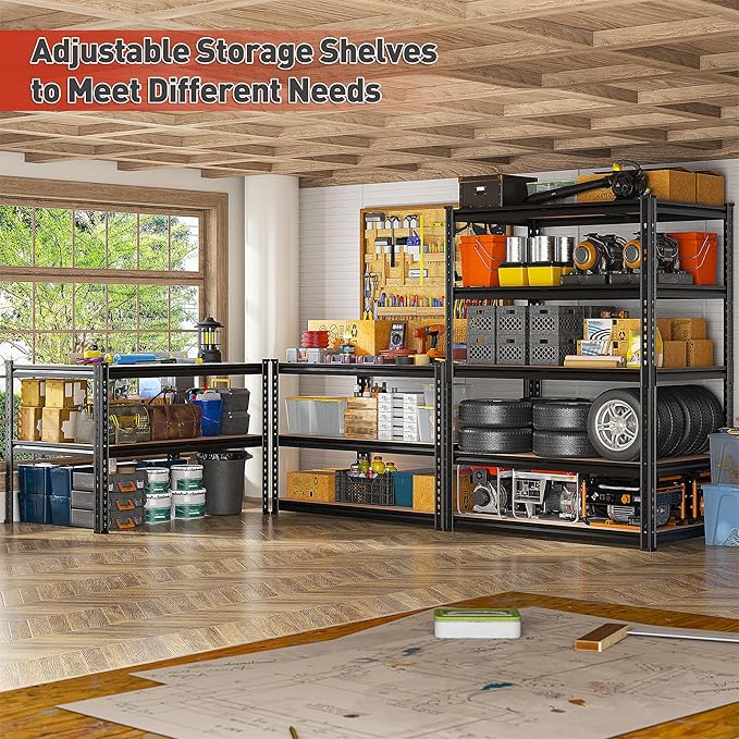 REIBII 2400LBS Garage Shelving 5 Tier Storage Shelves Heavy Duty, Adjustable Metal Shelving Unit,Garage Shelves for Basement,Warehouse,Pantry,Closet,Kitchen 72" H x 35.55" W x 16" D,2 Pack | Heavy Duty
