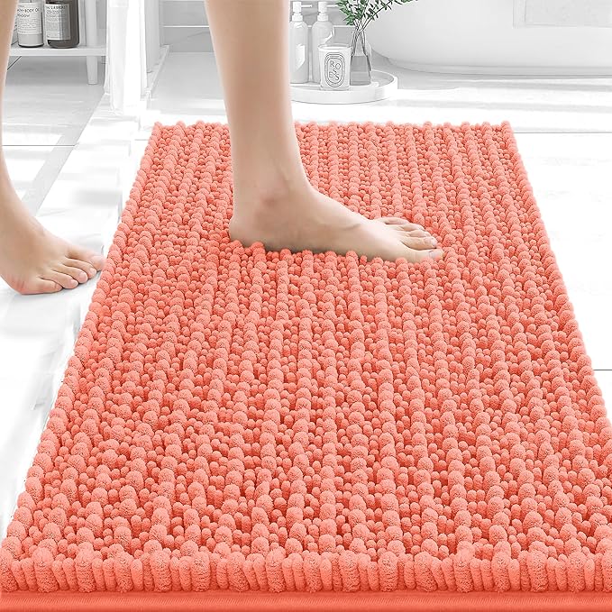 OLANLY Bathroom Rug Mat 24x16, Thick Soft and Absorbent Chenille Bath Mat, Non-Slip Rubber Backing, Machine Washable Quick Dry Bath Rugs for Tub Shower Floor, Home Decor Accessories, Coral
