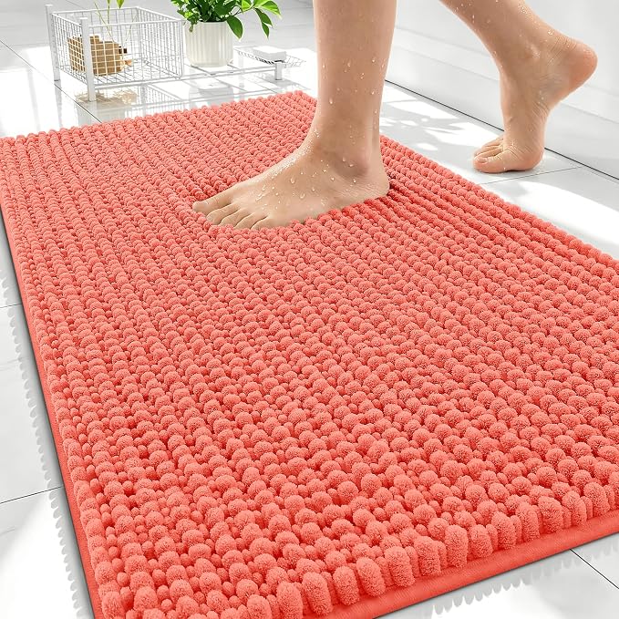 OLANLY Thick Bathroom Rugs 34x21, Extra Soft Absorbent Chenille Bath Rugs, Rubber Backing, Machine Wash Dry, Bath Mats for Bathroom Floor, Tub and Shower, Home Decor Accessories, Coral