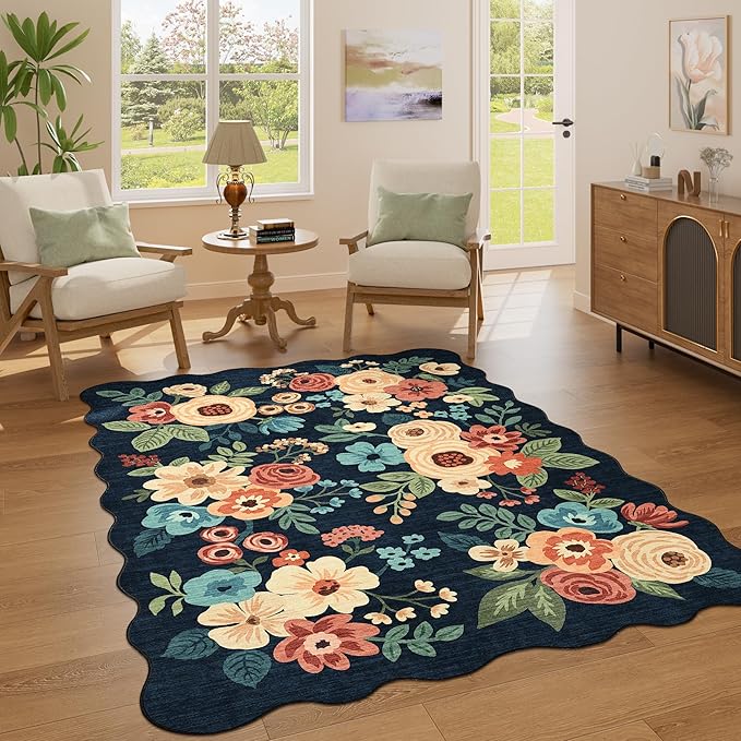 DUKINO 4x6 Area Rug, Floral Non-Slip Indoor Washable Rug with Low Pile & Non-Shedding, Lightwight Boho Design Carpet for Entryway, Bedroom, Kids Room, Living Room, Kitchen, Navy Blue