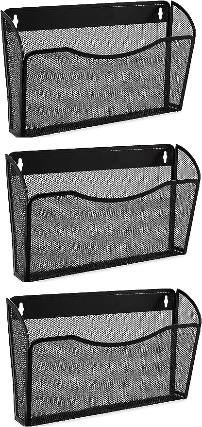 EASEPRES 3 Single Pocket Mesh Hanging File Organizer, Vertical Wall Mounted Magazine File Holder, Mount Basket Mail Paper Document Folder Organizing for Office, Home and School, Black
