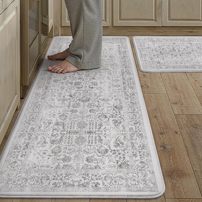 PureCozy Kitchen Mats 2PCS Anti Fatigue Cushioned Mat Black Vintage Kitchen Mats for Floor Waterproof Non Slip Comfort Standing Retro Floral Rug for Sink Laundry Office 17.3"x47"+17.3"x30"