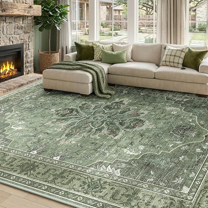 RELEANY Area Rugs 8'x10' Washable Non-Slip, Floral Vintage Distress Medallion Carpet for Living Room Bedroom Dining Room, Dark Green Gray
